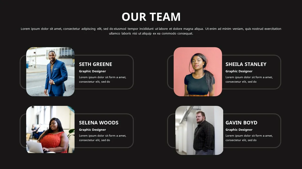 Google Slides dark theme team introduction template with colorful photographs jpg